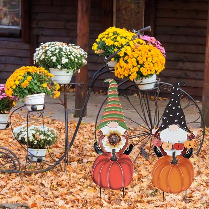 hogardeck Fall Decorations for Home Outdoor, 2 Pcs Metal Gnome Decorative Garden Stakes with Pumpkins for Fall Decor, Yard Signs for Garden Home Lawn Patio Thanksgiving Decorations-Ruum Studio Home