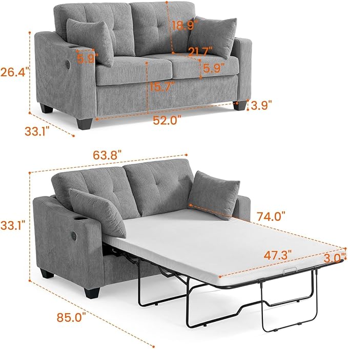 CHIC HOUSE Pull Out Sofa Bed, Full Size Sleeper Sofa, 2-in-1 Convertible Corduroy Couch with USB Charging, Memory Form Couch for Living Room, Apartment and Small Space (Grey, Corduroy - Full Size)-Ruum Studio Home