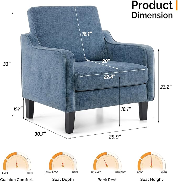 VINGLI Mid Century Modern Accent Chair,Navy Blue Chenille Chairs for Living Room Upholstered Armchair with Scooped Arms for Bedroom,Apartment,Studio,Office,Waiting Room-Ruum Studio Home