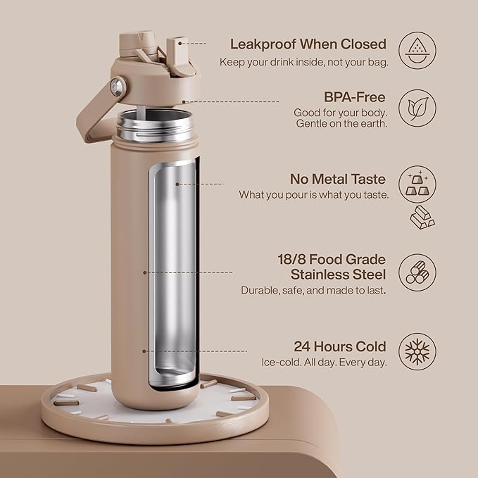 Insulated Water Bottle with Straw - Encool Stainless Steel Water Bottle, Leak-Proof, BPA-Free, Double Wall Vacuum Keeps Cold for 24 Hours for Sports, Travel, School (26 oz, Raw Umber)-Ruum Studio Home