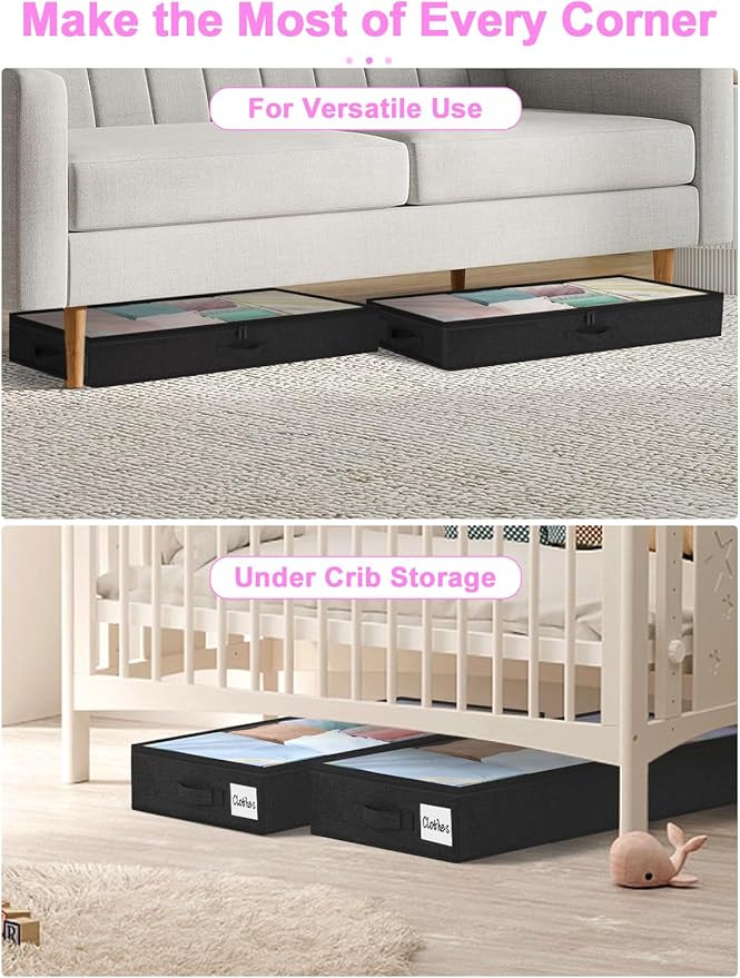 punemi Under Bed Storage Containers, Below 4 Inches Tall Low Profile Foldable Under Bed Storage,No Structure, Soft Fabric Blanket Storage and Clothing Storage with Zipper, 2 Pack, 20x40x3.7in, Black-Ruum Studio Home
