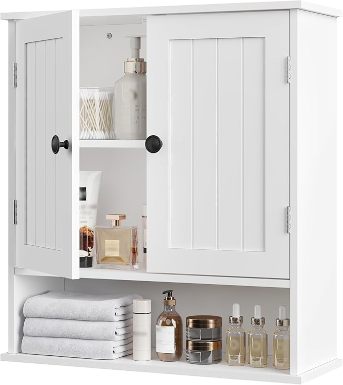 White Bathroom Cabinet Wall-Mounted, Storage Cabinets with Adjustable Shelves, Space-Saving Organizer with 2 Doors for Bathroom, Laundry, Kitchen - Moisture Resistant & Easy Install-Ruum Studio Home