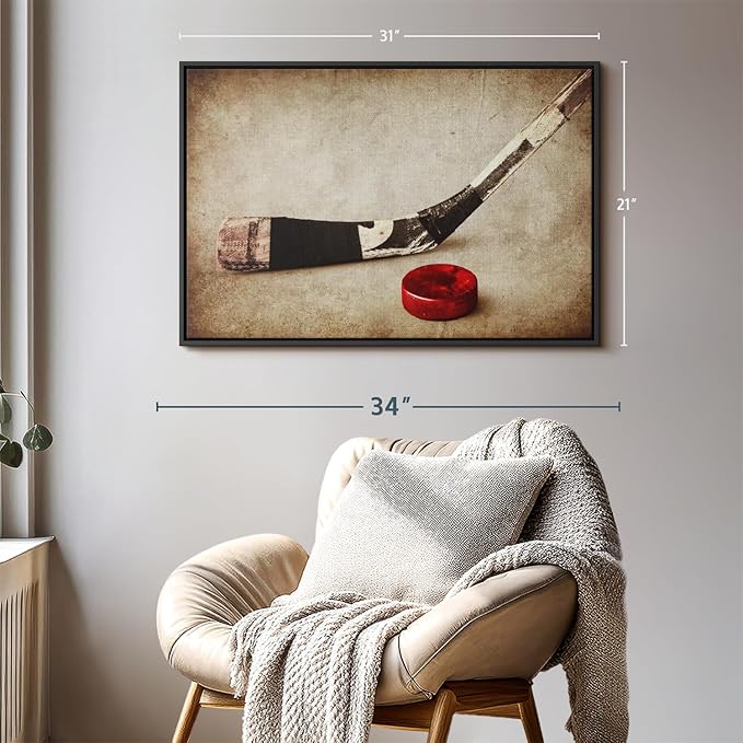 Elephant Stock Vintage Ice Hockey Wall Art - Horizontal Framed Canvas - 1-Piece Hallway Wall Decor - Photography Sports Canvas Print - Brown and Beige Decor for Wall - 31" X 21"-Ruum Studio Home
