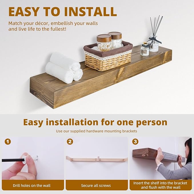 Floating Shelves 3 inch Thick for Wall Set of 2,Solid Pine Wood Wall Mount Shelf for Kitchen Living Room Bedroom Bathroom,8" D x 60" L x 3" H-Black Walnut-Ruum Studio Home