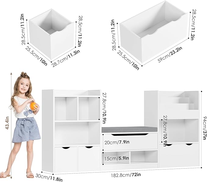 FOTOSOK 72” Kids Bookshelf with Reading Nook, Large Toy Storage Organizer with Seat Cushion and 3 Movable Drawers, Kids Reading Nook Toy Organizers and Storage with Bench for Living Room, White-Ruum Studio Home