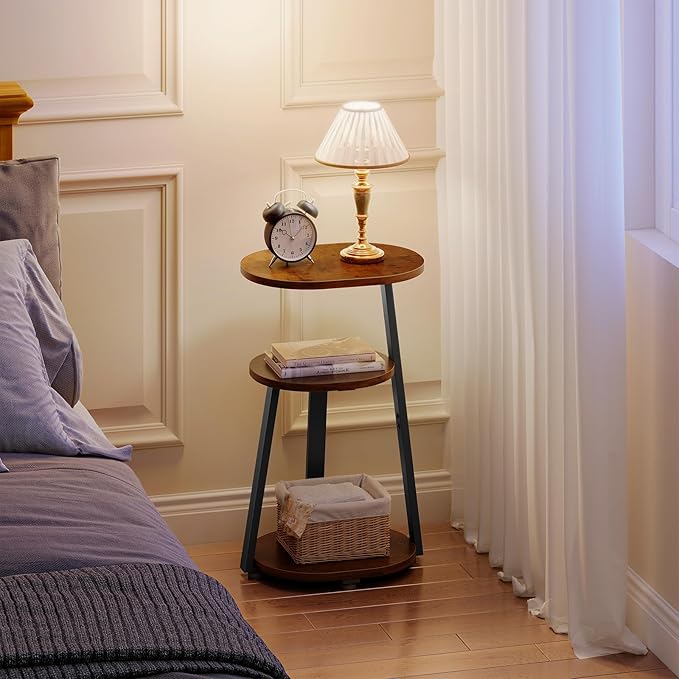 Side Table, Small End Table with Metal Frame, 3-Tier Bedside Tables, Round Side Tables for Living Room Bedroom Couch Bathroom, Oval, Vintage Brown-Ruum Studio Home