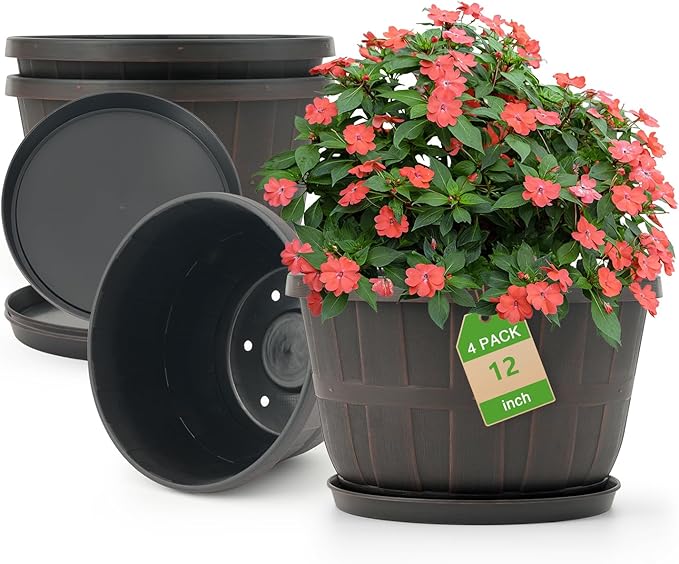 Quarut 12 Inch Large Planter Pot for Plants Indoor Outdoor, 4 Pack Plastic Flower Pots with Drainage Hole & Tray, Modern Decorative Garden Pot with Saucer, Plant Container for House（Brown）-Ruum Studio Home