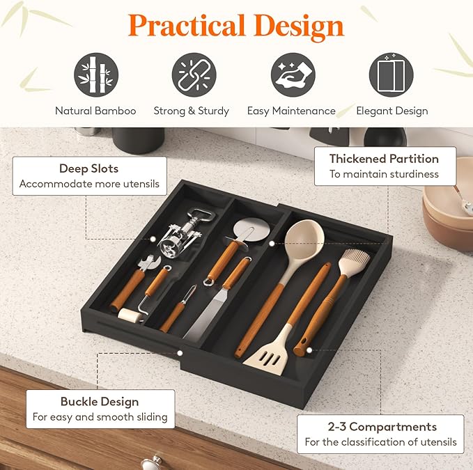 Lifewit Utensil Drawer Organizer, Expendable Cooking Silverware Tray for Kitchen Drawer, Bamboo Adjustable Cutlery Flatware Holder, Spatula Tools and Gadgets Storage Divider, 3 Compartments, Black-Ruum Studio Home