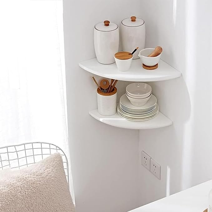 Corner Shelves, Floating Corner Shelf, Set of 2 White Solid Oak Wood Wall Shelves, Round End Wall Mount with Wire Hole Shelving for Small Plant for Bedroom Kitchen, Living Room 8.7"-Ruum Studio Home