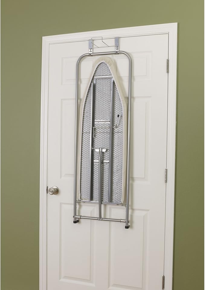 Household Essentials 144222 Over The Door Small Ironing Board with Iron Holder, Natural Cotton Cover Silver-Ruum Studio Home