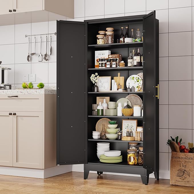 75" Tall Metal Kitchen Pantry Storage Cabinet, Freestanding Cupboard with 2 Doors and 5 Adjustable Shelves, Standing Storage for Kitchen, Bathroom, Garage, Dinning Room or Utility Room（Black）-Ruum Studio Home