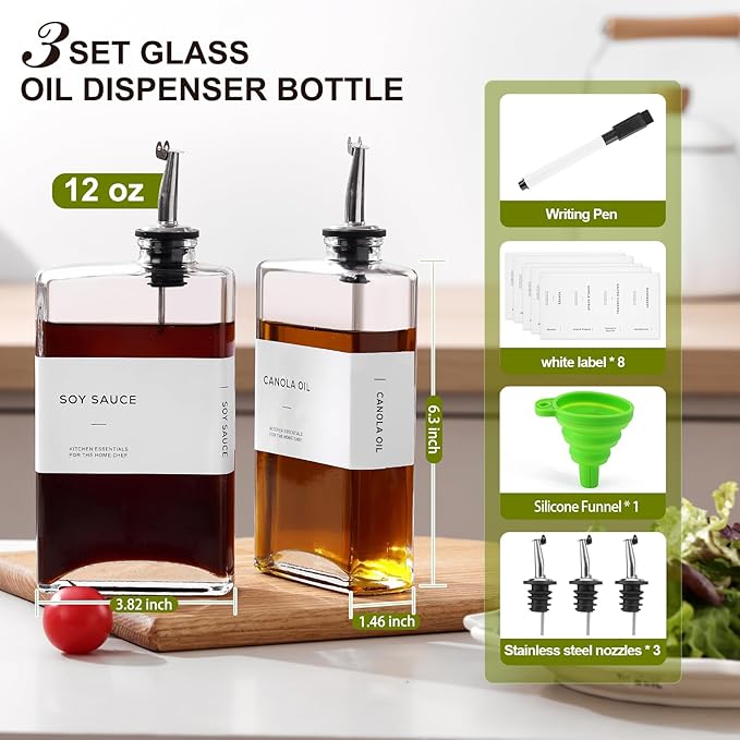 Olive Oil Dispenser Bottle for Kitchen, 3 Pack Glass Oil and Vinegar Dispenser Set, Elegant Book Design, Durable, Leak-Proof, Easy-Pour Spouts, Perfect for Kitchen, Dining Table (12oz)-Ruum Studio Home