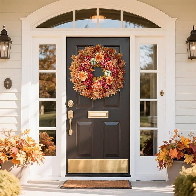 26" Fall Wreath for Front Door - Large Artificial Maple Leaves Fake Silk Peony Faux Pumpkin Outdoor Wreath for Porch, Window,Farmhouse,Home,Thanksgiving Day Harvest Festival Autumn Decor-Ruum Studio Home