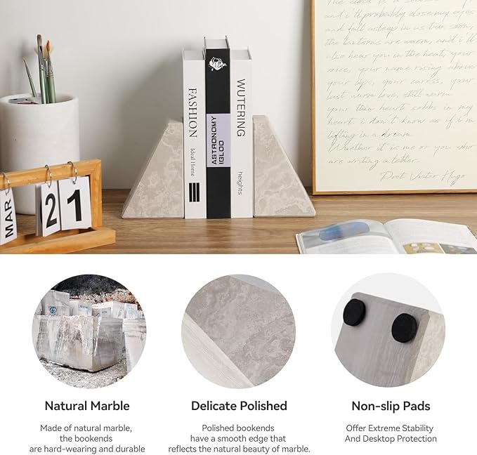 Marble Bookends for Heavy Books, Decorative Book Ends for Shelves, Durable and Heavy-Duty Bookends for Hardback Book & CDS, Off-White Unique Books Stopper & Holder, Set of 2-Ruum Studio Home