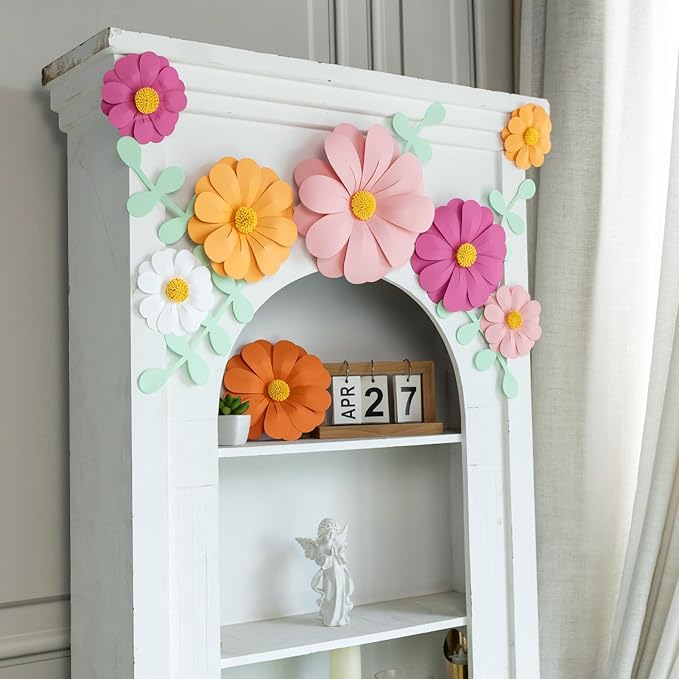 Paper Flowers Decorations for Wall, 3D Handmade Artificial Flowers for Wall Decorations, Pink Orange White, for Baby Girl Nursery Room Bulletin Board Decoration-Ruum Studio Home