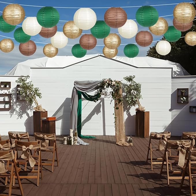 Paper Lanterns Green Brown Gold Round Hanging Chinese Lanterns for Birthday Party Gender Neutral Woodland Baby Shower Decorations Pack of 12-Ruum Studio Home