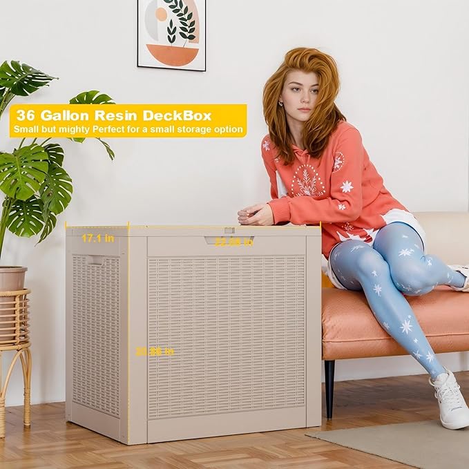 36 Gallon Outdoor Deck Box,Storage Lockable Waterproof Patio Furniture,Garden Tools,Cushions,Pool Accessories Outside Storage Resin Box(Grey Pattern)-Ruum Studio Home
