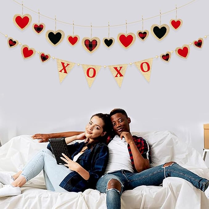 Valentine’s Day Party Decorations Felt XOXO Sign Triangle Pennant Banner Flag Buffalo Plaid Red Black Heart Burlap Garland with Wood Beaded for Wedding Birthday Valentine’s Day Party Supplies-Ruum Studio Home