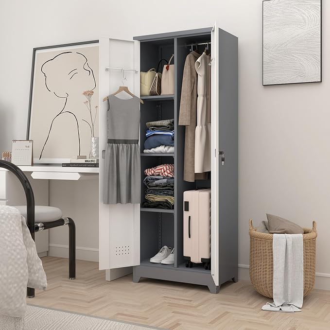 Locking Cabinet,Metal Storage Cabinet with Doors and Shelves,Broom Closet Storage Cabinets for Bedroom,Home Office,Grey-White-Ruum Studio Home