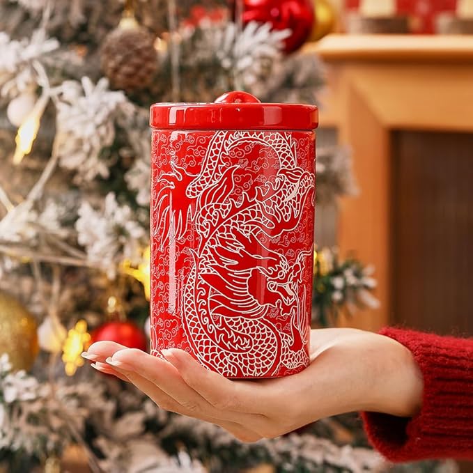 Porlien Chinese Dragon Porcelain 15-ounce Canisters Set of 2, Food Storage Containers with Lid for Coffee Beans, Tea, Condiments & Nuts-Ruum Studio Home