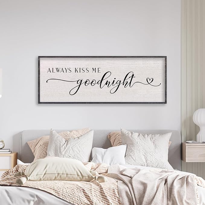 LuZhiQiang Above Bed Love Theme Wall Decor Always Kiss Me Goodnight Sign 40"×15" Wood Framed for Master Bedroom Over Bed Wall Art (Black)-Ruum Studio Home