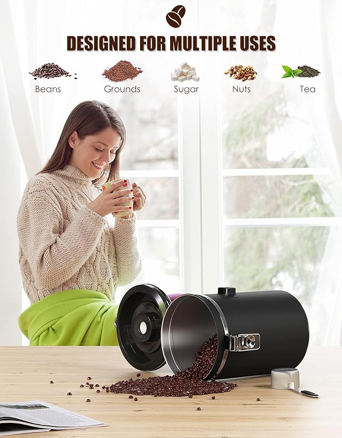 HAIOOU Airtight Coffee Canister, 22OZ Large Stainless Steel Coffee Bean Storage Container with Date Tracker, Measuring Scoop, 6Pcs CO2 Valves and Mini Tongs for Beans, Grounds, Sugar and more - Black-Ruum Studio Home