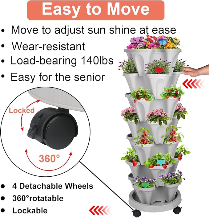 Vertical Planter, 7 Tier Stackable Strawberry Planter with Garden Tool Set, Movable Indoor/Outdoor Garden Herb Pot for Growing Vegetables and Succulents, Gray-Ruum Studio Home