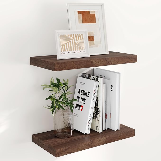 Fun Memories 16 Floating Shelves for Wall, 9 Inch Deep Floating Shelf for Bathroom, Rustic 16 x 9 Floating Shelf for Kitchen, Bedroom, Wide Wooden Shelves Wall Mounted, Walnut Color, Set of 2-Ruum Studio Home