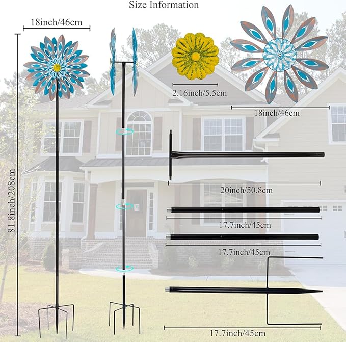 Viveta Wind Spinners,18 * 81" Large Outdoor Wind Spinner,Double-Side Wind Sculpture with 4 Sturdy Stake,Metal Windmill for Yard and Garden-Ruum Studio Home