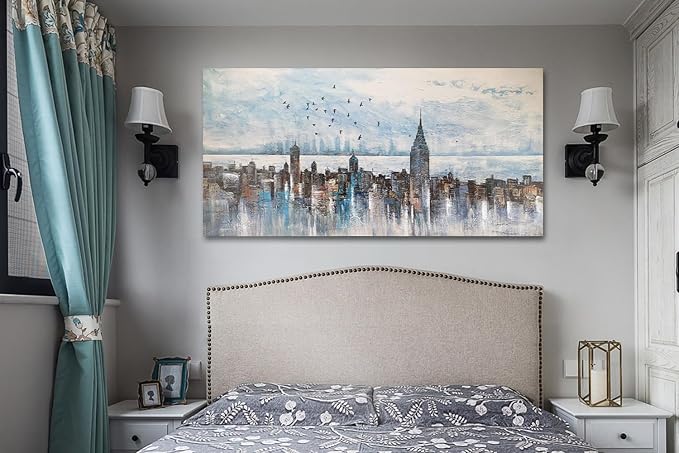 Arjun Cityscape Wall Art New York City Skyline Buildings Picture Modern Abstract Grey NYC Skyline Birds City View Painting Framed Artwork for Bedroom Living Room Home Office Decor Extra Large 58"x29"-Ruum Studio Home