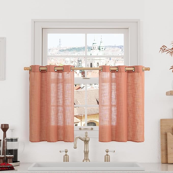 LAMIT Short Linen Window Curtains 30 Inches Long 2 Panels, Terracotta Semi Sheer Light Filtering Panels Bronze Grommet Room Decor Drapes for Basement/Small Windows, 34 x 30 Inch-Ruum Studio Home