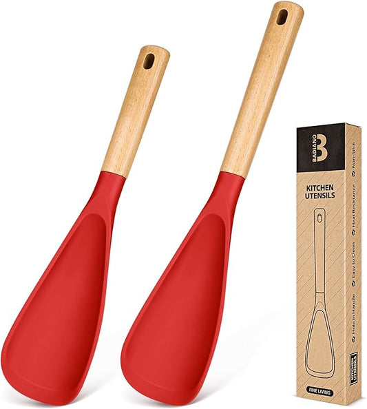 Multifunction Spatula Spoon for Nonstick Cookwares, Great for Cooking and Serving, Sturdy BPA-Free Matte Silicone, Wood Handle Spatula for Mixing, Scoop, and Scrape, Red(2 pack,11.4" & 13.4")-Ruum Studio Home