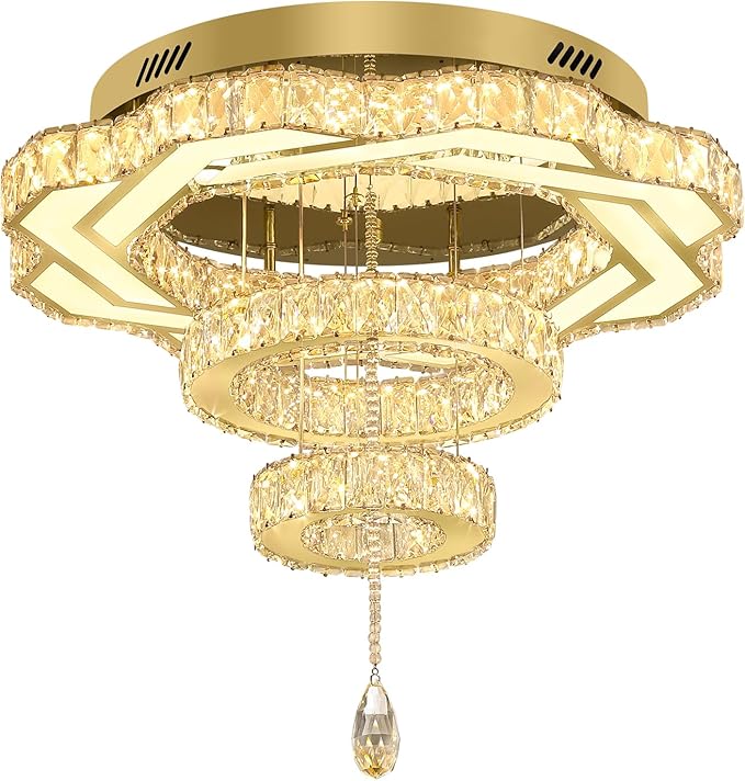 Flashing God Modern Crystal Chandeliers Dia 24" Gold Chandelier Flush Mount Ceiling Light for Bedroom Living Room Dining Room Hallway Dimmable 3 Rings LED Celing Lighting Fixtures-Ruum Studio Home
