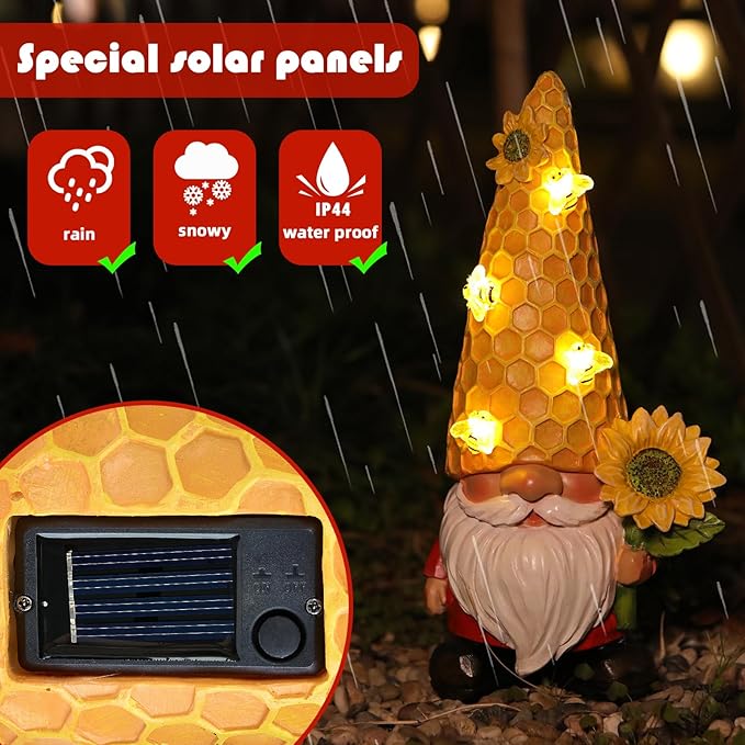 Solar Gnome Garden Decor Outdoor Statue - Gnome Sunflower LED Waterproof Sculptures Lights, Gnome Pond/Yard Statues Outside Decoration, Home, Lawn, Patio, Resin Animal Ornament, Women/Gardening Gift-Ruum Studio Home