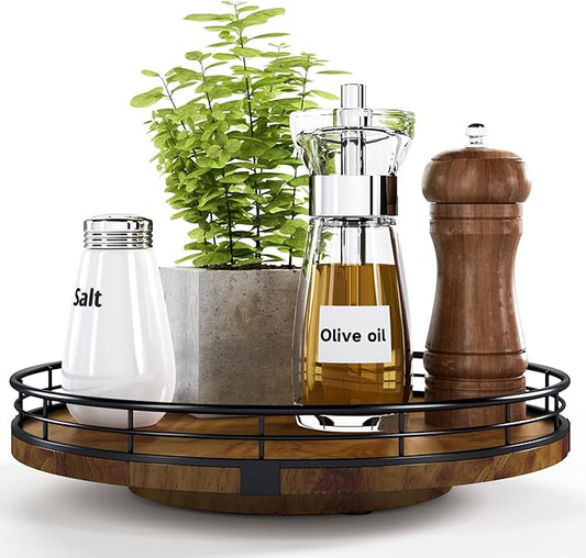 Farmhouse Oak 10" Lazy Susan Turntable Organizer for Cabinet, Round Wooden Lazy Susan Organization and Storage for Dining Table, Pantry, Kitchen, Countertop, Cupboard,Home Decor, Walnut Wood-Ruum Studio Home