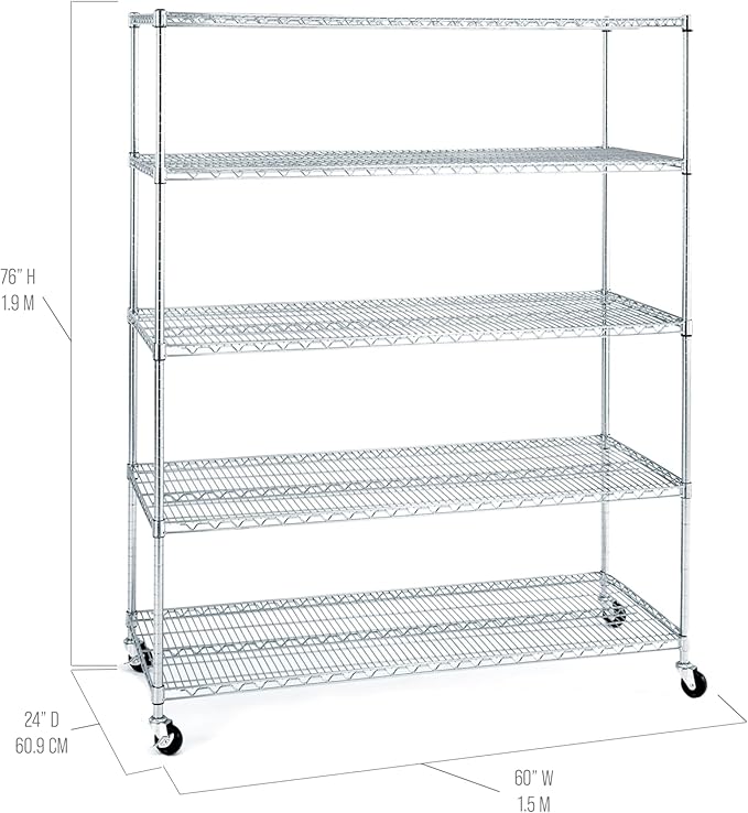 Seville Classics UltraDurable Heavy Duty NSF Solid Steel Wire Rack Storage Unit Wheels, 5-Tier Shelving, 60" W x 24" D-Ruum Studio Home