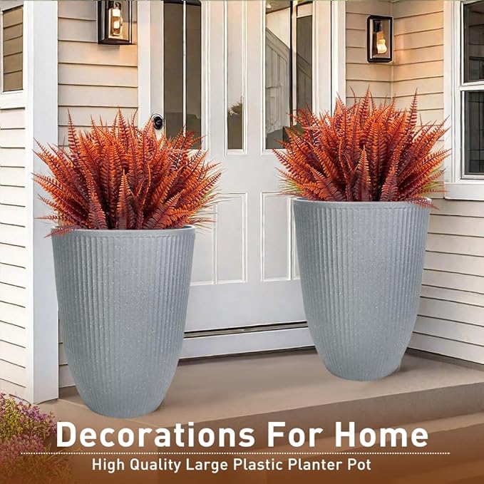 2 Pcs Pack 18.5 Inches Heavy Duty Plastic Resin Tall Tapered Planter Pots Large Round Planter Flower Pot with Drainage Holes for Indoor Outdoor Deck Porch Garden Home Patio Front Door (Light grey, M)-Ruum Studio Home