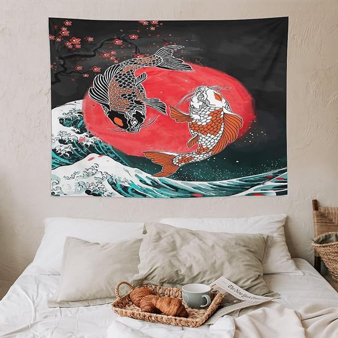 Houselerax Koi Fish Tapestries,Japanese Style Yin Yang Big Wave Cherry Blossoms Tapestry Wall Hanging for Bedroom Living Room Office Decor 40"x30"-Ruum Studio Home
