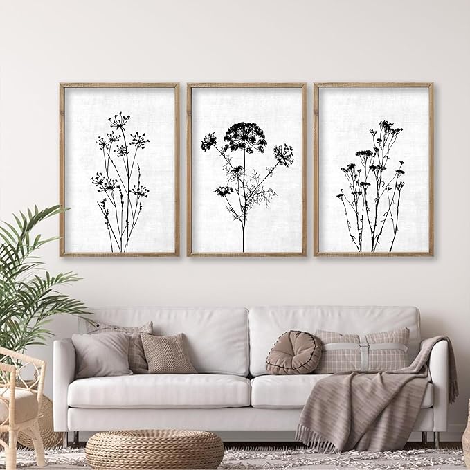 Flower Plant Wall Art Decor 16"x11" Set of 3 Black And White Botanical Painting Wood Framed For Minimalist Bedroom Office Rustic Living Room Abstract Wildflower Sign Hanging (Wood White)-Ruum Studio Home