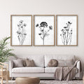 Flower Plant Wall Art Decor 16"x11" Set of 3 Black And White Botanical Painting Wood Framed For Minimalist Bedroom Office Rustic Living Room Abstract Wildflower Sign Hanging (Wood White)-Ruum Studio Home