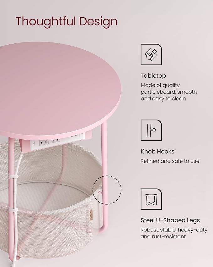 VASAGLE Side Table with Charging Station, Round End Table with Fabric Basket, Nightstand with Power Outlets, USB Ports, for Living Room, Bedroom, Modern, Jelly Pink and Cream White ULET228R01-Ruum Studio Home