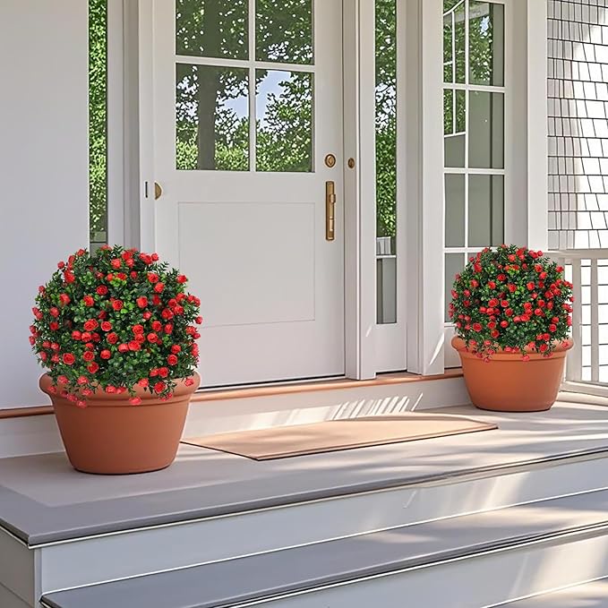 Artificial Boxwood Topiary Tree with Rose, Set of 2 Artificial Shrub Bushes with Ground Spike, Fake Evergreen Tree for Porch, Artificial Plants for Outdoor Planters Indoor UV Resistant-Ruum Studio Home