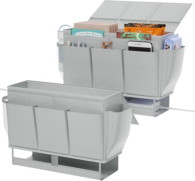 Bedside Caddy, Bed Organizer with 11 Pockets and Power Strip Holder, Versatile Bedside Storage Caddy for Home,Dorm,Bunk,Hospital,Crib Bed (2 Pack Grey)-Ruum Studio Home