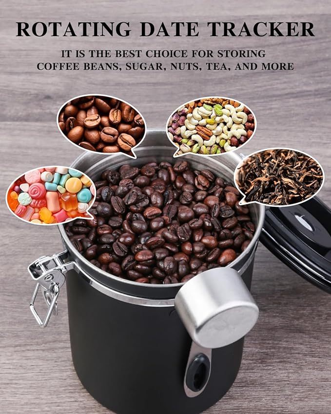 Coffee Canister Airtight Coffee Storage Container Stainless Steel Air Tight Coffee Jar with Scoop, Date Tracker and CO2 Release Valve for Beans, Ground, Tea, Flour, Cereal and Sugar (2pcs-Black-1.8L)-Ruum Studio Home