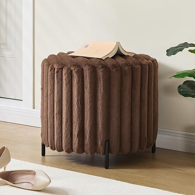 Furniliving Modern Round Ottoman, Large Size Bedroom Ottoman Footstool Round Ottomans Stool for Living Room, Bedroom, Makeup Room, Brown, Faux Fur-Ruum Studio Home