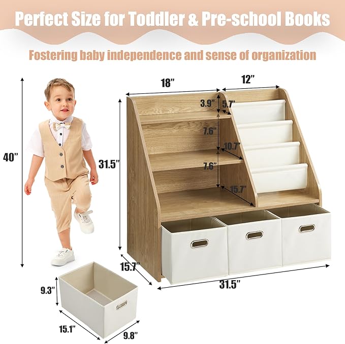 Kids Bookshelf and Toy Storage Organizer, Montessori Nursery Book Shelves with 3 Tier Sling Rack & Fabric Toy Bins, Children Toddler Baby Bookshelf, Wooden Toy Shelf for Kids Room Playroom-Ruum Studio Home