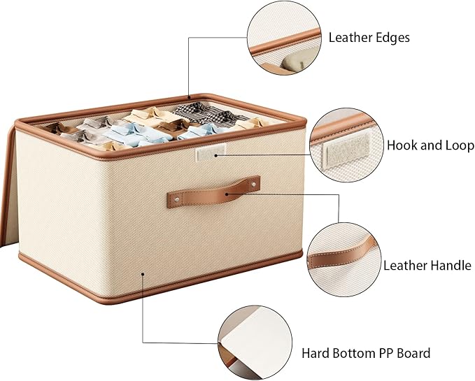 Tuza 2 Pack Storage Bins with Lids, Collapsible Closet Organizer Container, Fabric Organizer Box with Handles, Decorative Storage Boxes with Lids for Organizing Clothes, Books, File, White, Medium-Ruum Studio Home