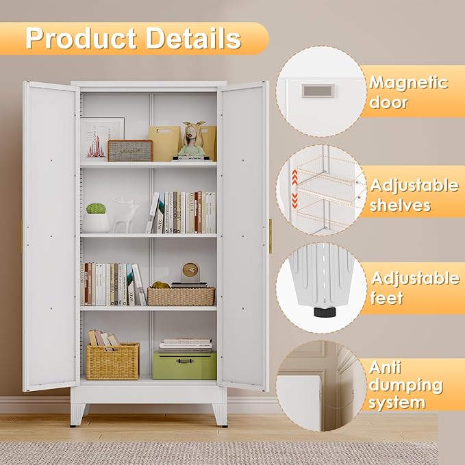 61" H Metal Kitchen Pantry Storage Cabinet, Freestanding Cupboard with 2 Doors and 3 Adjustable Shelves, Standing Storage for Kitchen, Bathroom, Garage, Dinning Room or Utility Room（White）-Ruum Studio Home