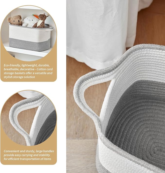 Cotton Rope Storage Basket Set of 3 (15"x10.2"x9.1") - Rectangle Storage Bins - Versatile Toy Storage Organizer - Perfect for Kids, Dog Toys, Books, Shelves - White & Grey-Ruum Studio Home
