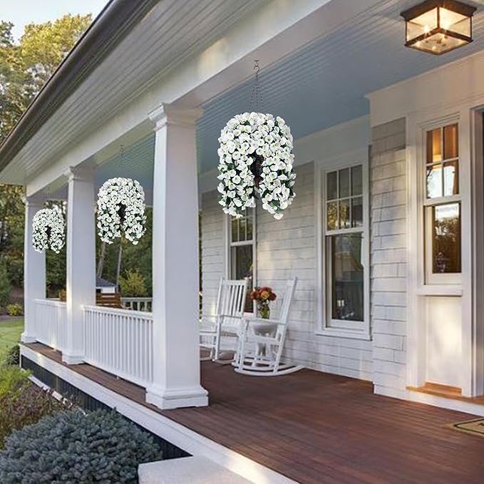 Artificial Faux Hanging White Flowers Plants Basket for Outdoor Outside, Fake UV Resistant Realistic White Morning Glory Flowers for Porch Home Balcony Yard Patio Decoration-Ruum Studio Home